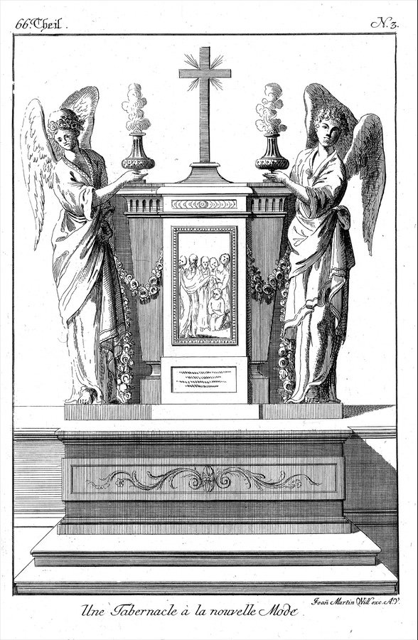 Design for an altar tabernacle flanked by two angels. Engraving, 18th century.