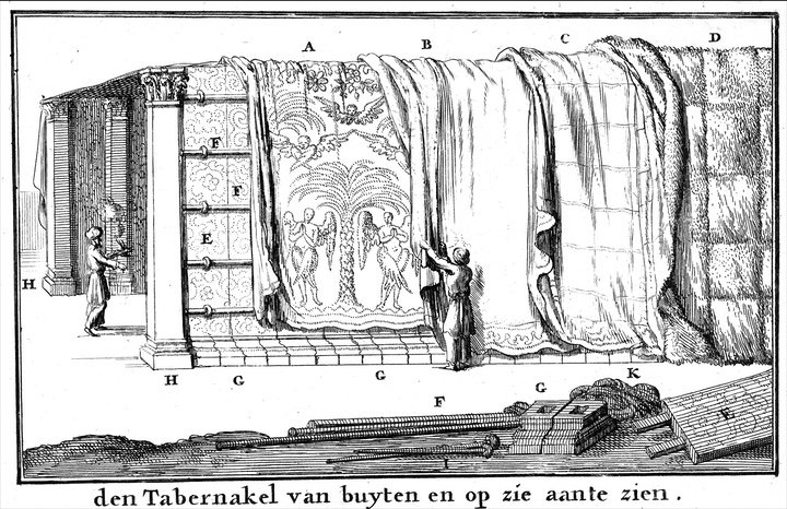 The tabernacle from outside, with its curtains being drawn over it. Engraving, 1683.