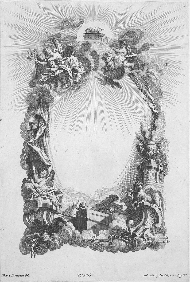 An empty cartouche framed by clouds, angels and rays of light, with the Ark of the Covenant at the top. Engraving after François Boucher, 18th century.